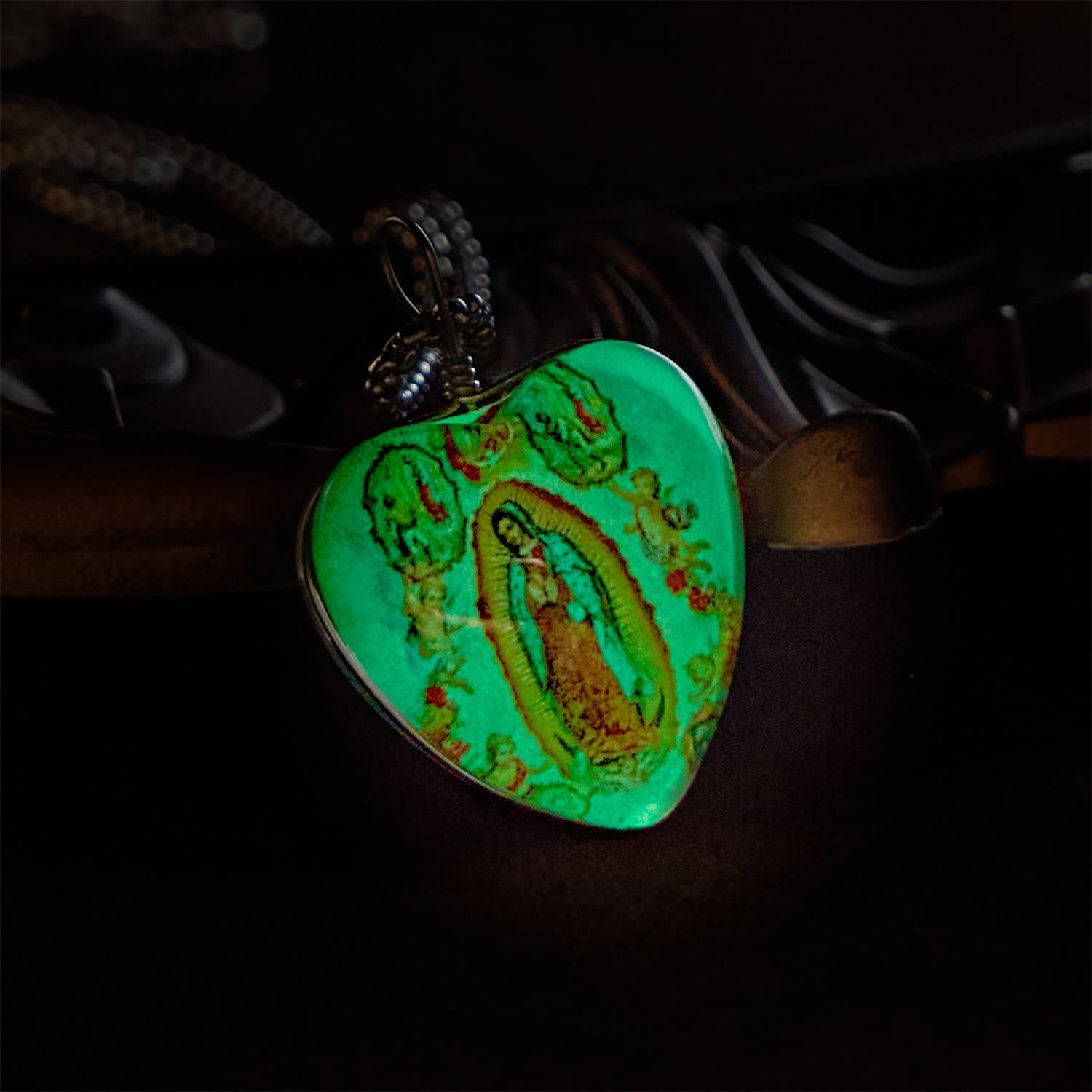 Christianartworkshop Blue Our Lady of Guadalupe Glow-in-the-Dark Heart Shaped Resin Medal Necklace