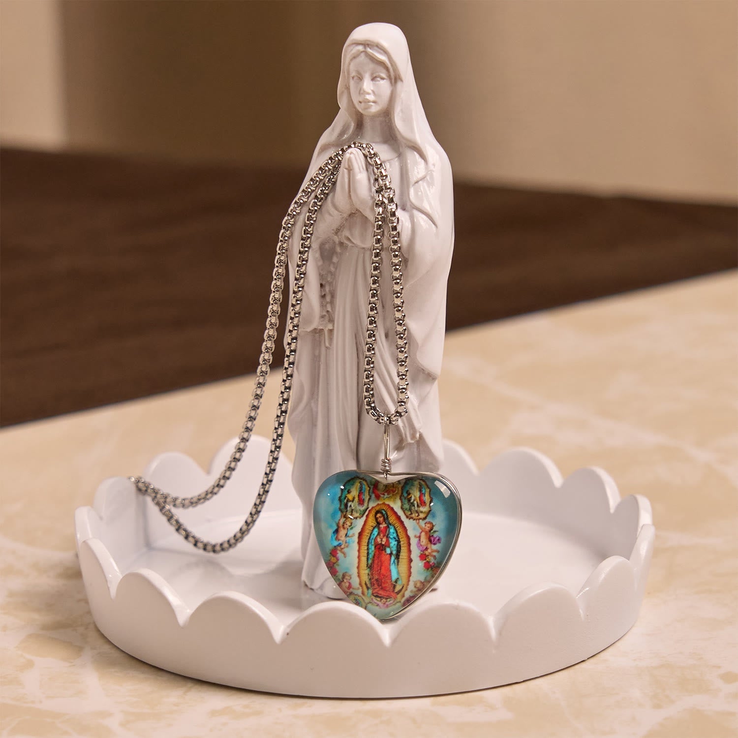 Christianartworkshop Blue Our Lady of Guadalupe Glow-in-the-Dark Heart Shaped Resin Medal Necklace