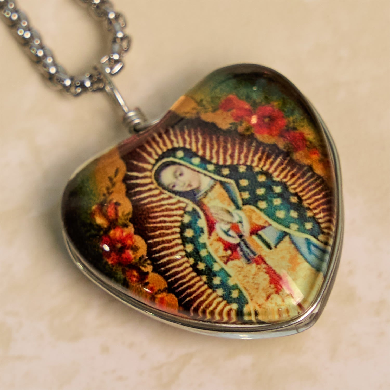 Christianartworkshop Black Our Lady of Guadalupe Glow-in-the-Dark Heart Shaped Resin Medal Necklace