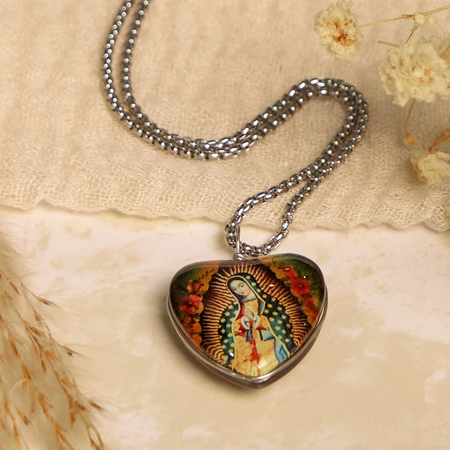 Christianartworkshop Black Our Lady of Guadalupe Glow-in-the-Dark Heart Shaped Resin Medal Necklace