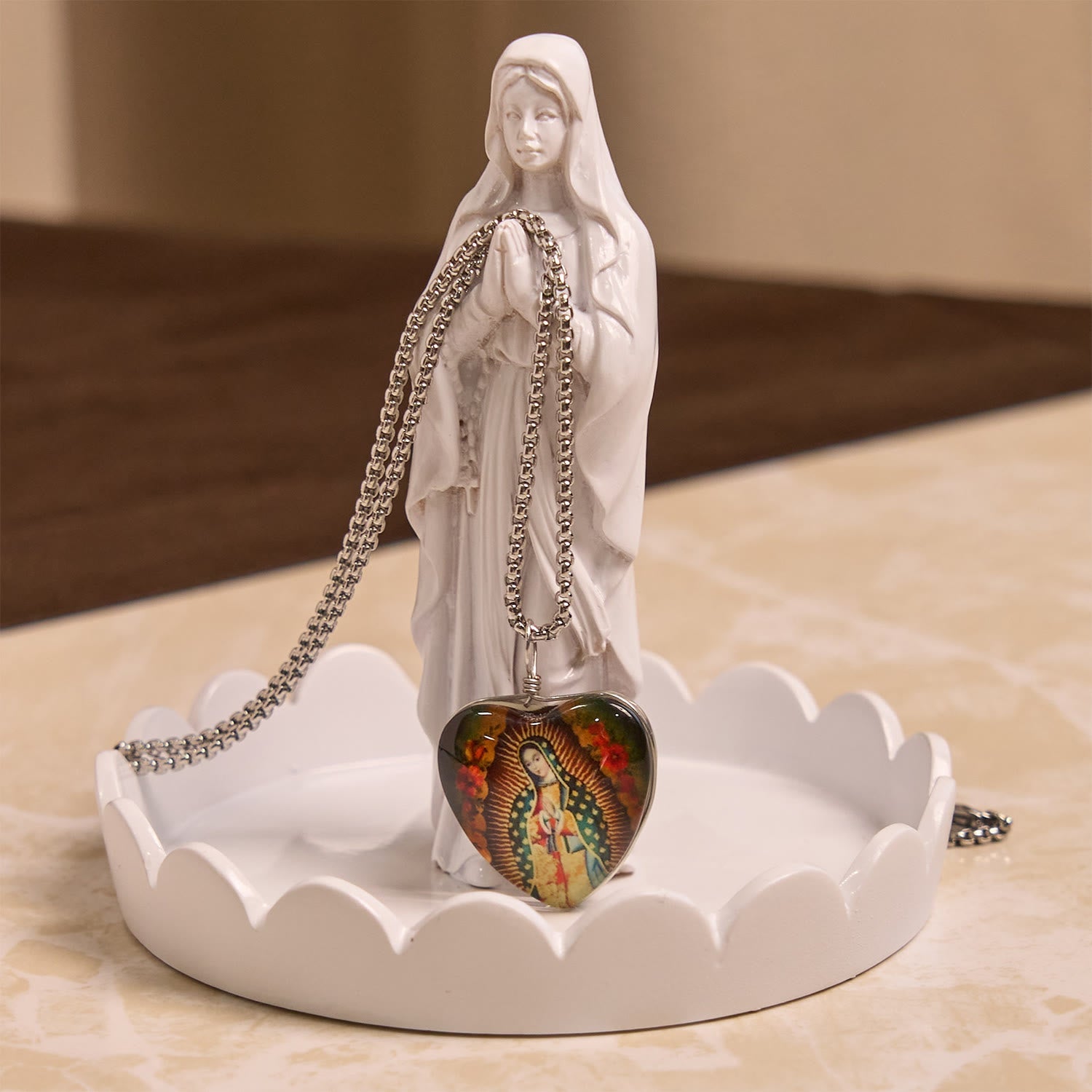 Christianartworkshop Black Our Lady of Guadalupe Glow-in-the-Dark Heart Shaped Resin Medal Necklace