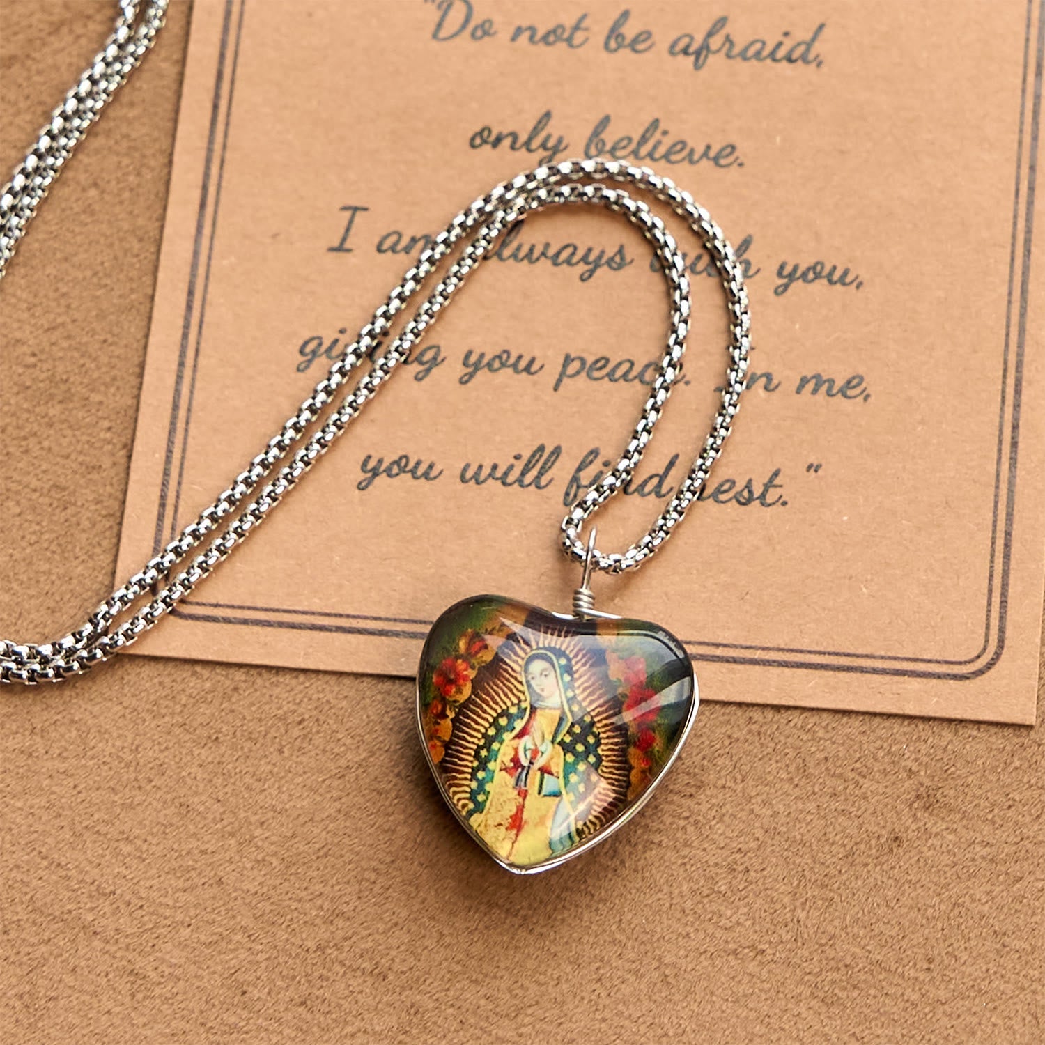Christianartworkshop Black Our Lady of Guadalupe Glow-in-the-Dark Heart Shaped Resin Medal Necklace
