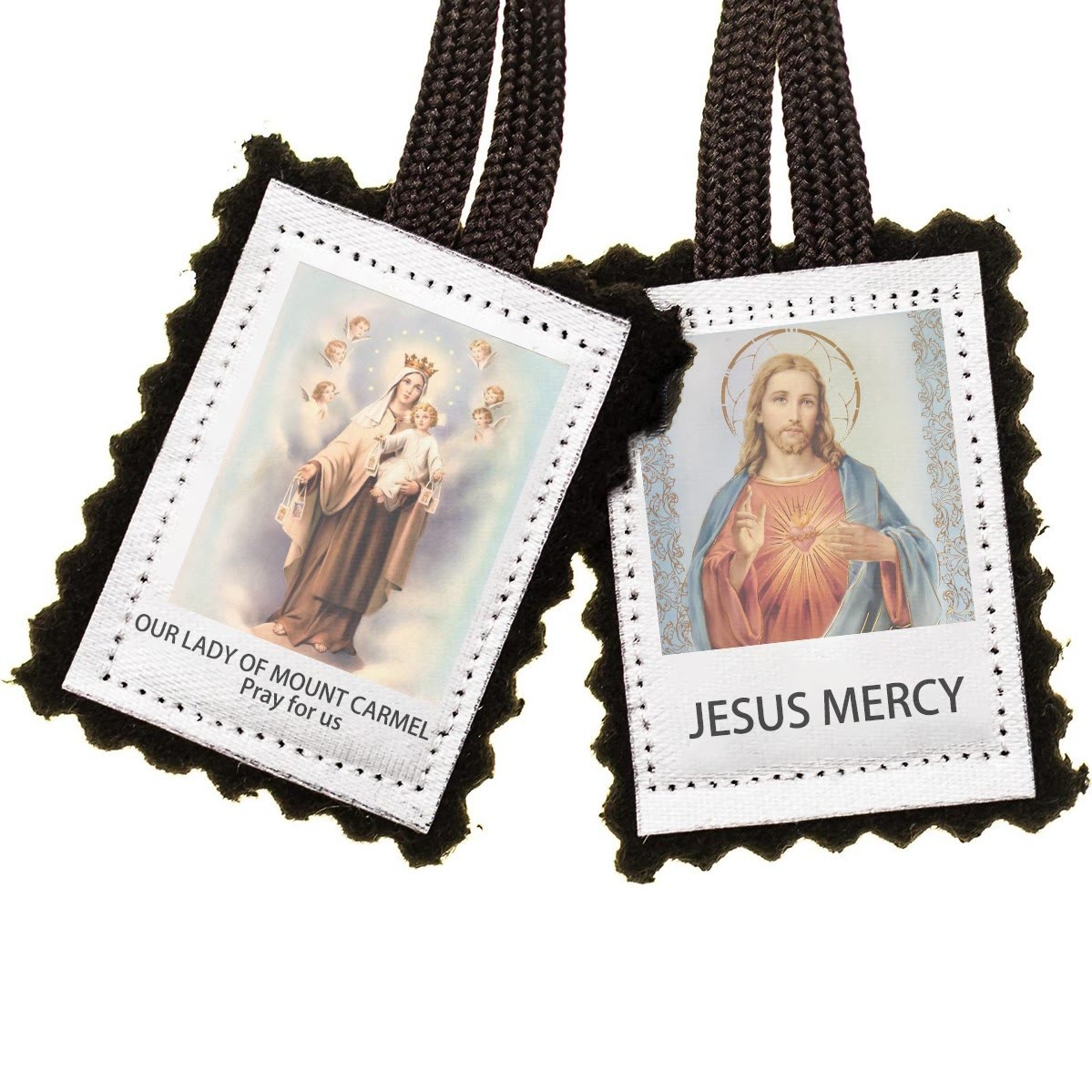 christiandiscipleshop Vintage Stamp Shaped Scapular of Our Lady of Mt. Carmel & Jesus Mercy