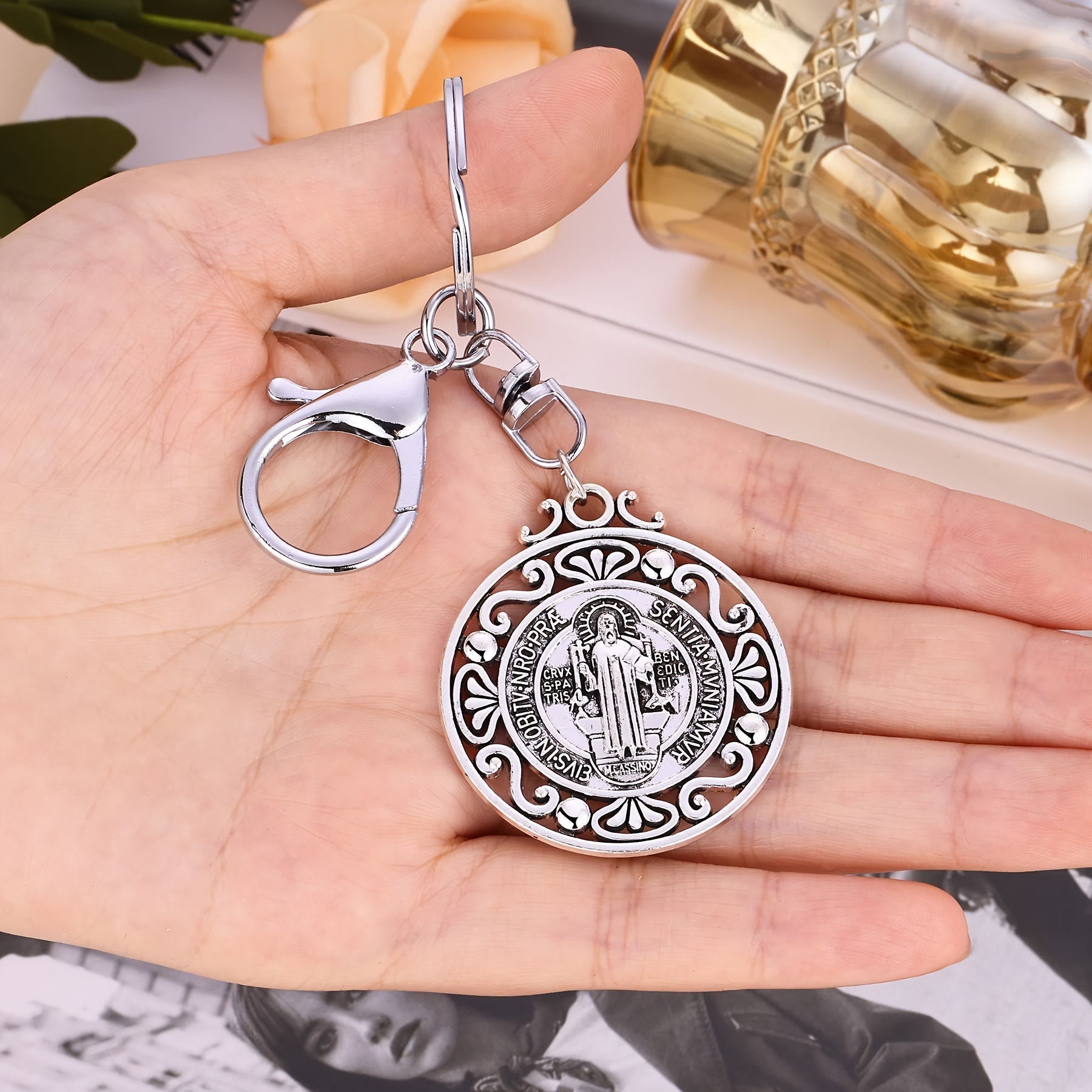 Christianartworkshop Artisanal Silver St. Benedict Keychain with Hollow-Out Design: Nostalgic Sign of Faithful Guardian