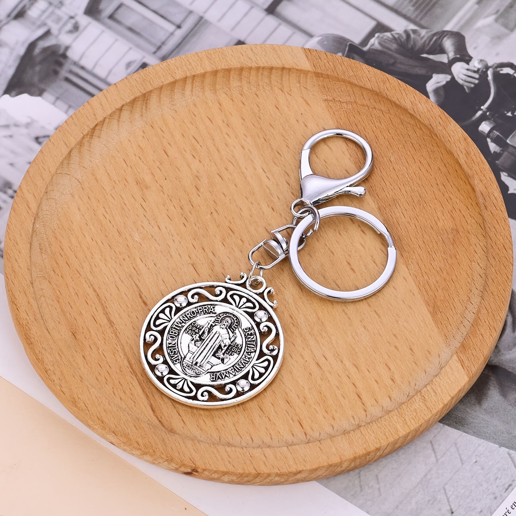 Christianartworkshop Artisanal Silver St. Benedict Keychain with Hollow-Out Design: Nostalgic Sign of Faithful Guardian