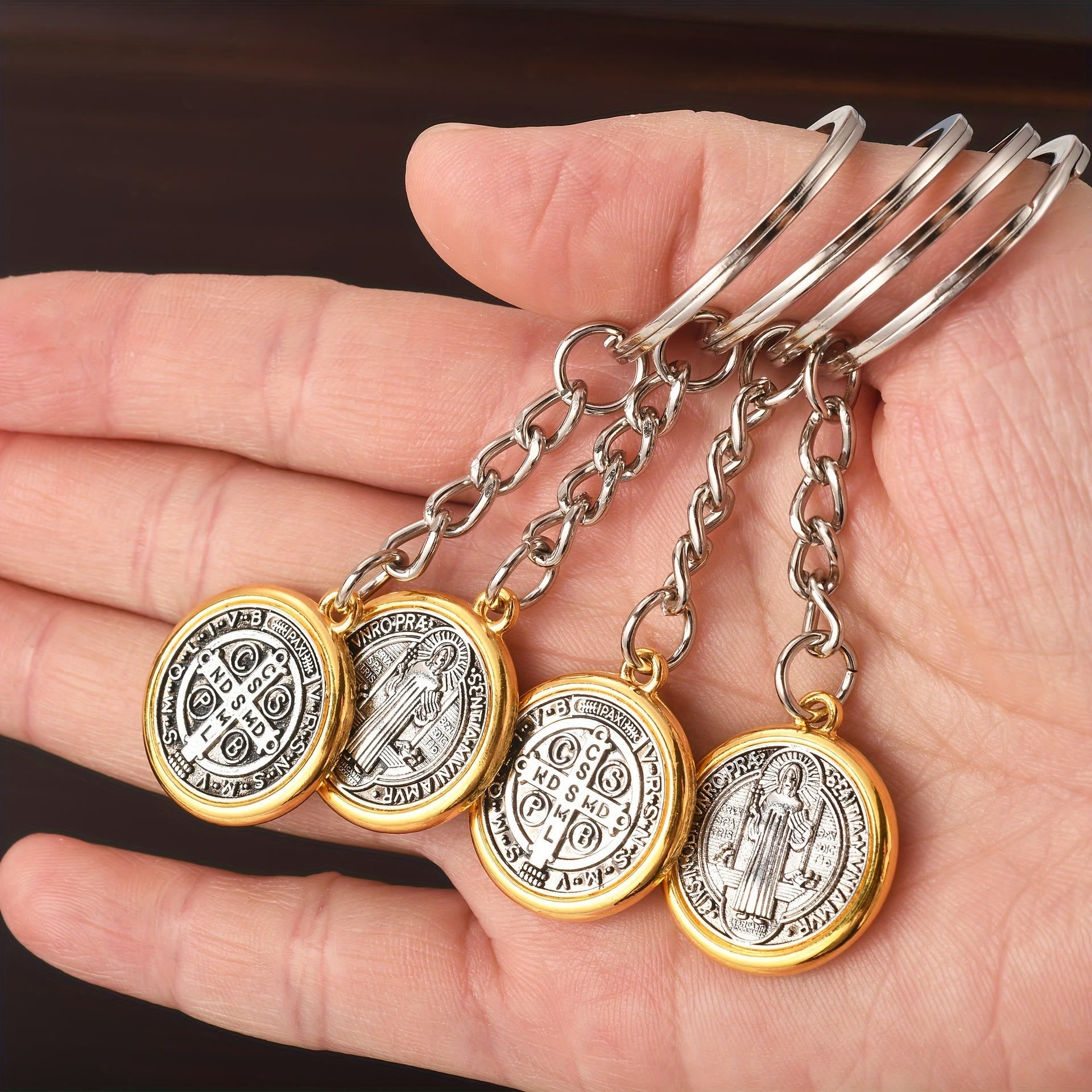 Christianartworkshop Classic Golden Edged St. Benedict Keychain with Intricate Patterns: Timeless Symbol of Spiritual Devotion