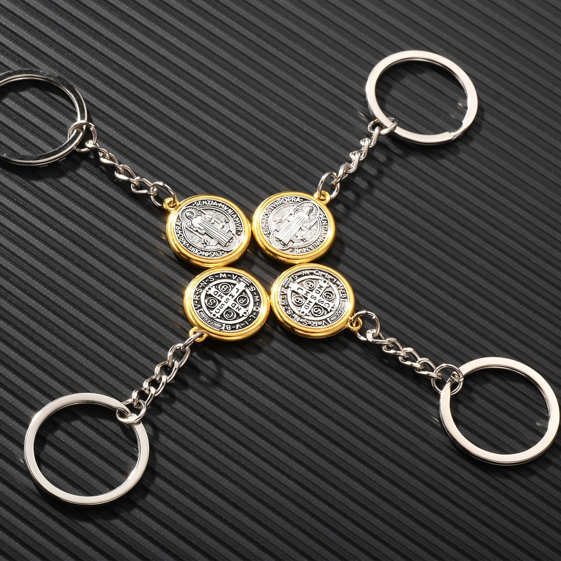 Christianartworkshop Classic Golden Edged St. Benedict Keychain with Intricate Patterns: Timeless Symbol of Spiritual Devotion