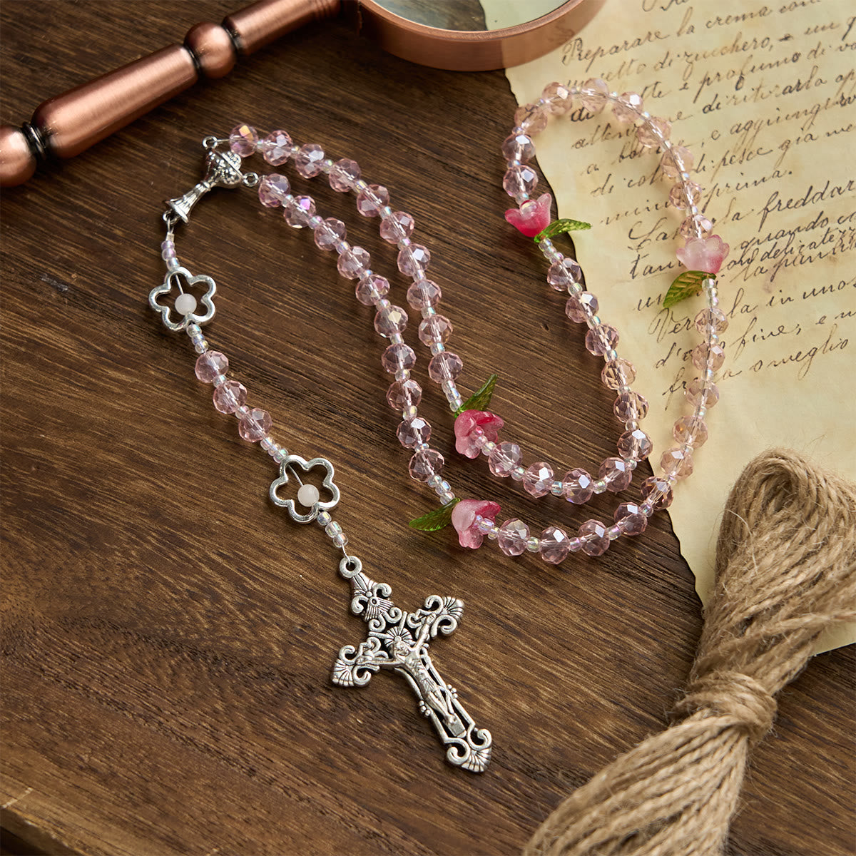 Christiandiscipleshop Elegant Pink Crystal Rosary with 3D Rose Beads, Silver Chalice Medal & Crucifix: Embrace Divine Grace