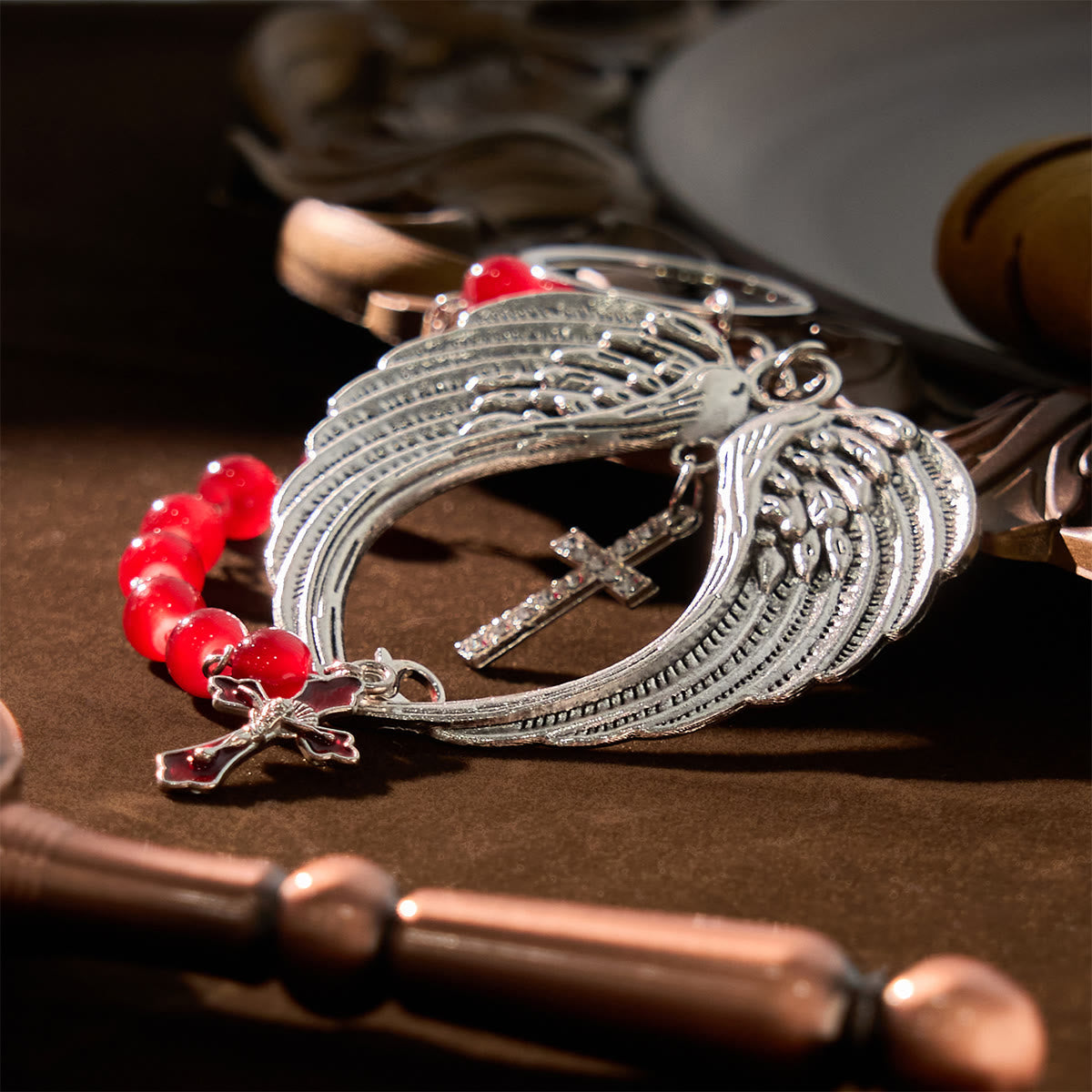 Christiandiscipleshop Dual-Use Red Agate Keychain & Pocket Rosary Adorned with Silver Angel Wing: Carry Divine Protection