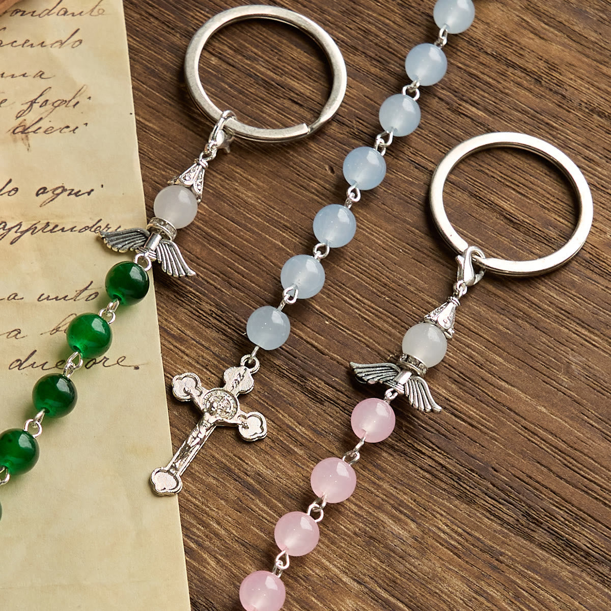 Christiandiscipleshop Multifunctional Tri-Color Gem Keychain & Pocket Rosary Blessed with Angle Wing