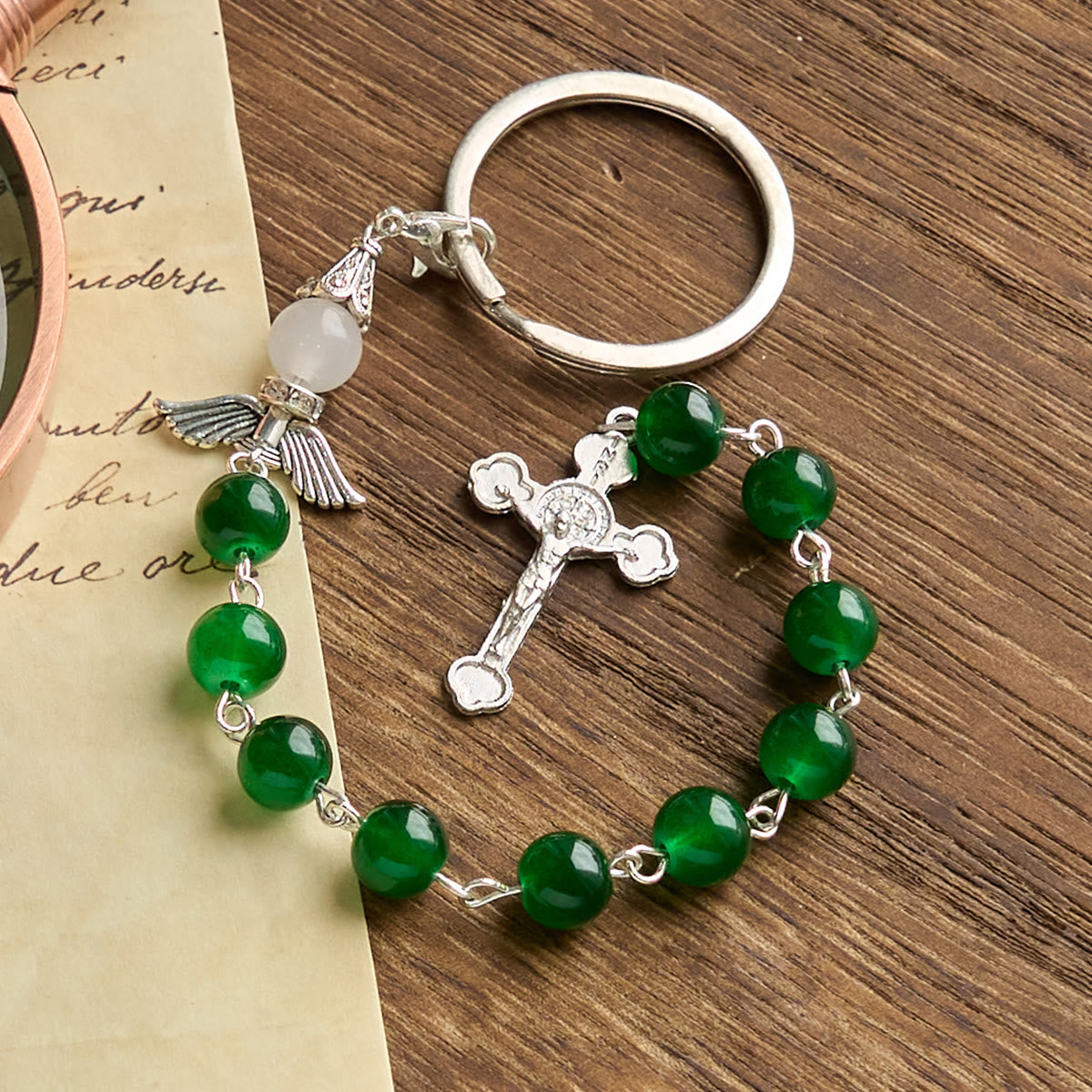 Christiandiscipleshop Multifunctional Tri-Color Gem Keychain & Pocket Rosary Blessed with Angle Wing