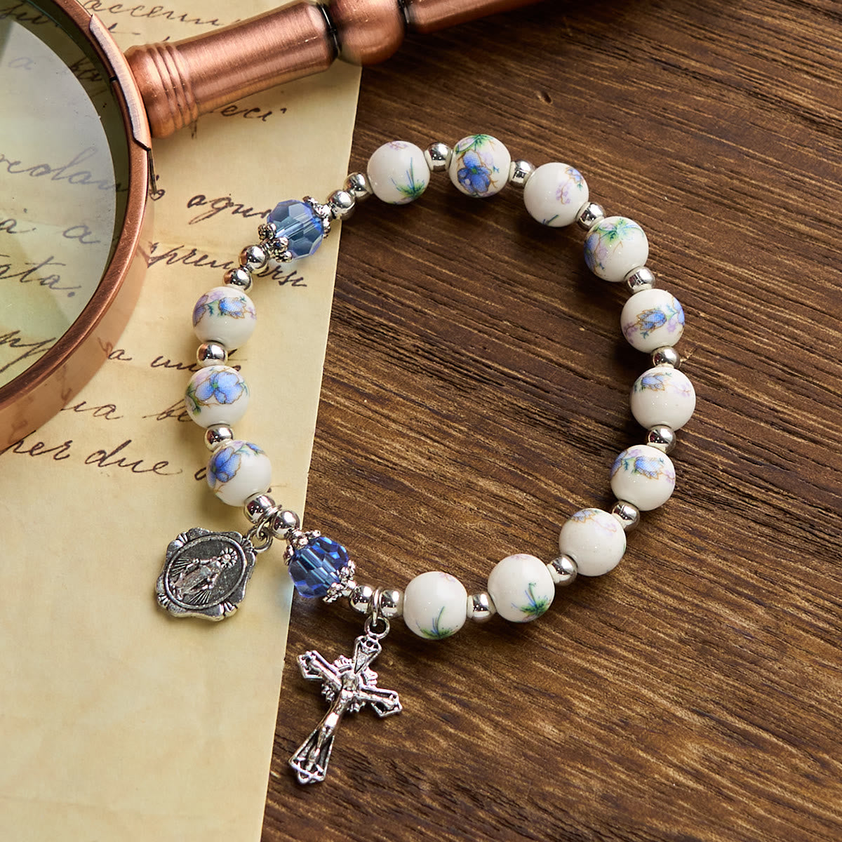 Christiandiscipleshop Multi-color Floral Ceramic Stretch Bracelet with Miraculous Medal & Crucifix: Subtle Faith Elegance