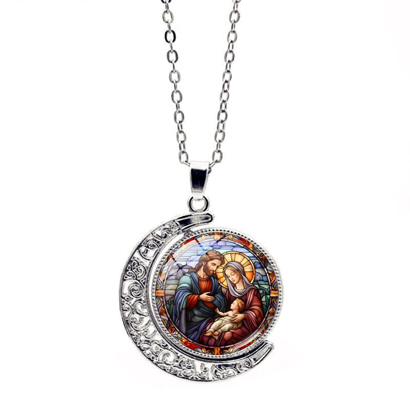 christiandiscipleshop Jesus Holy Family Double-Sided Rotating Moon Pendant Necklace