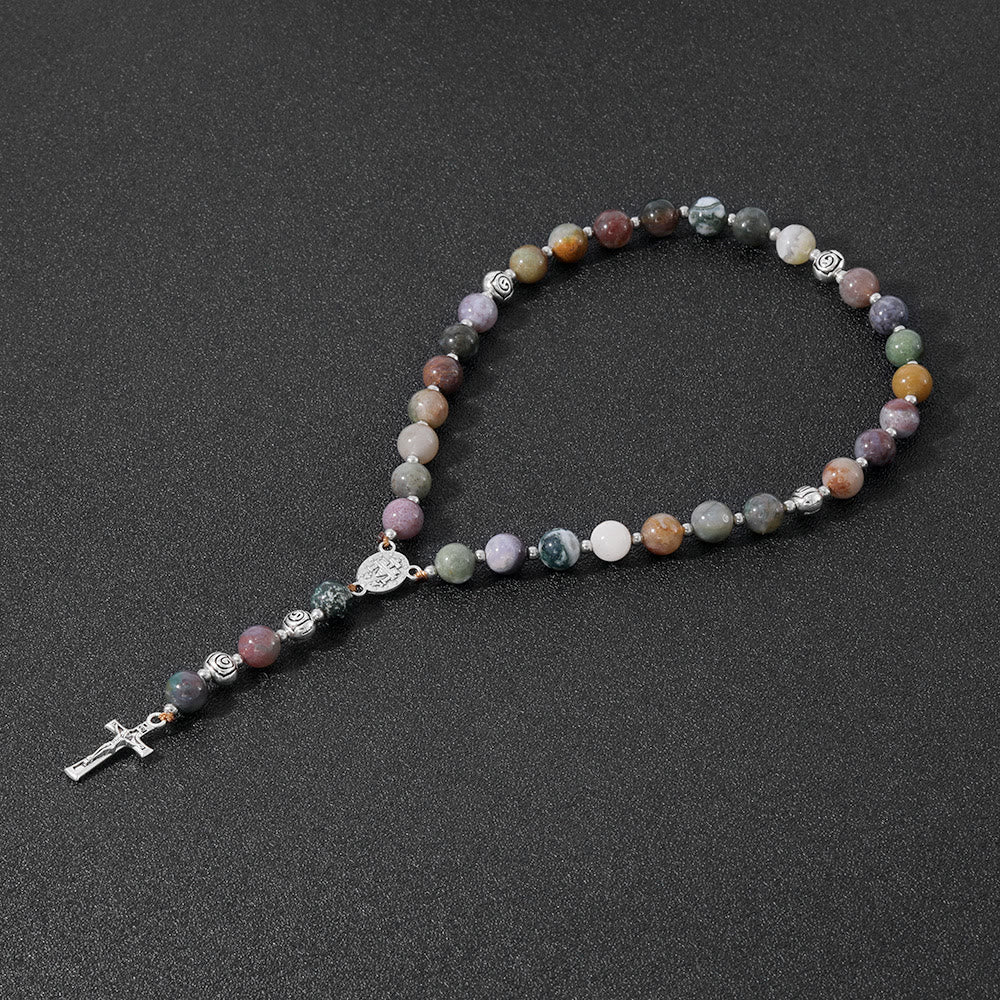 christiandiscipleshop Miraculous Medal & Crucifix of 8 mm Round Multicolor Stone Nylon Cord Rosary