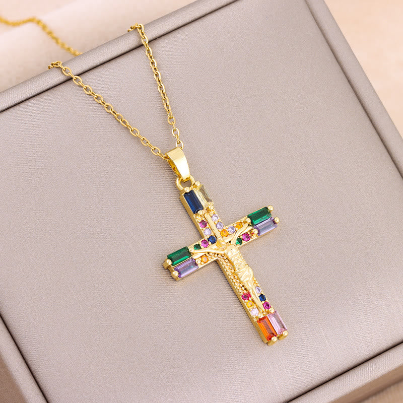 Christiandiscipleshop Retro Bohemian Style Colored Zirconia Cross Titanium Steel Necklace