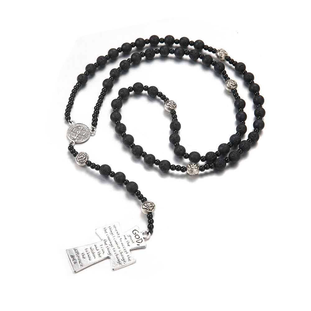 Christiandiscipleshop St. Benedict Medal & Cross of 8 mm Round Black Volcanic Stone Nylon Cord Rosary