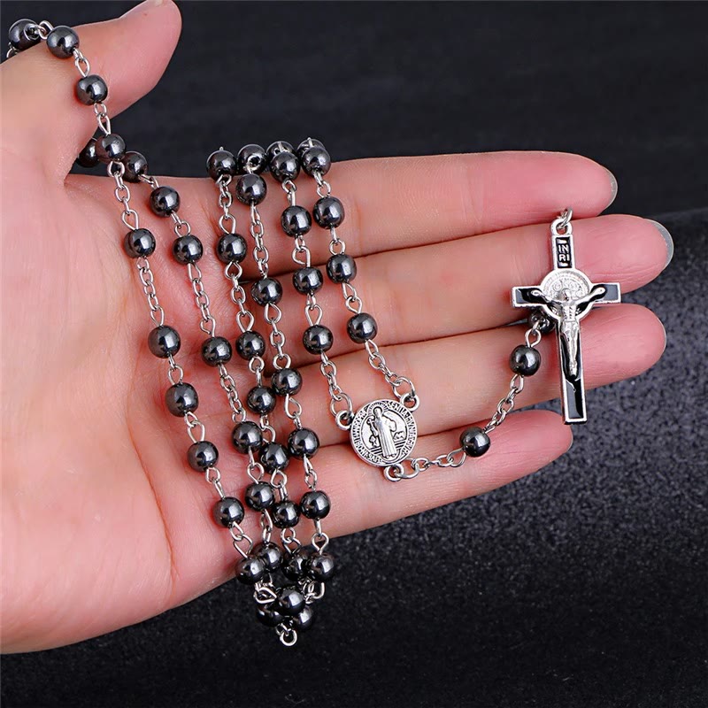 St. Benedict Medallion & Crucifix Black Gallstone Rosary