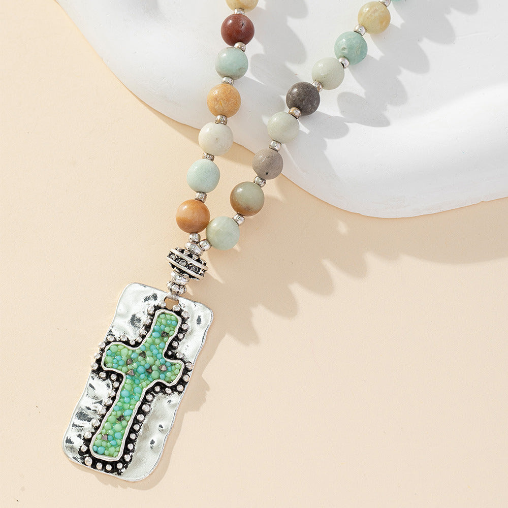 Christiandiscipleshop Natural Stone Cross Handmade Beaded Necklace Jewelry