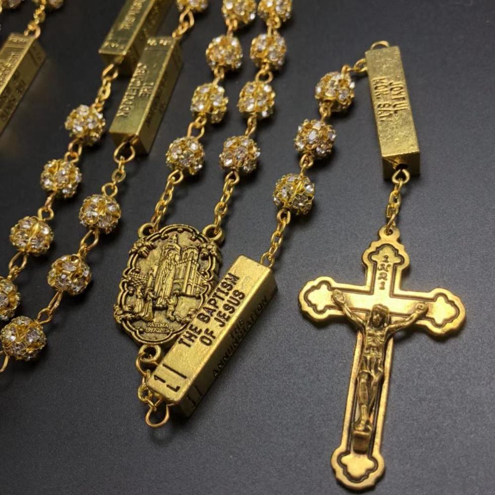 Christiandiscipleshop Our Lady of Fátima & Crucifix of 8 mm Round Golden Metal Gems Alloy Chain Rosary