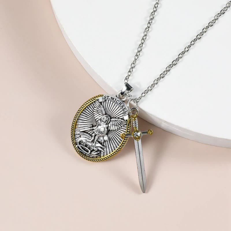 christiandiscipleshop Two Tone Sword & Oval Shield St. Michael Pendant Necklace