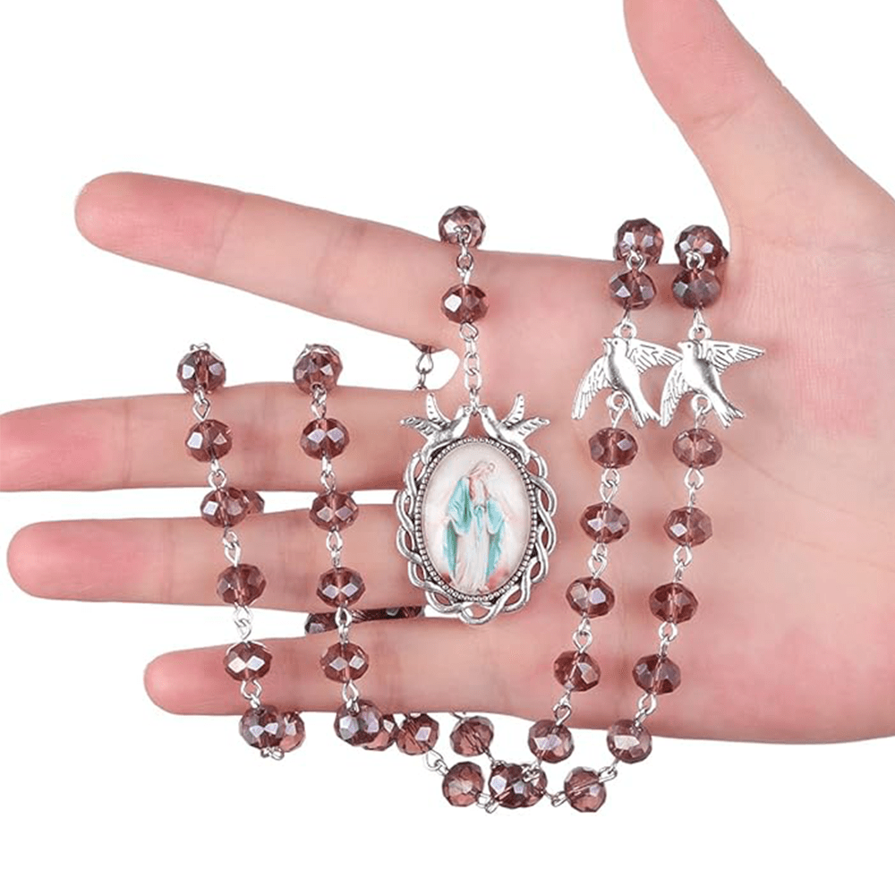 christiandiscipleshop Holy Spirit & Our Lady of Grace of 6*8 mm Polyhedron Purple Crystal Alloy Chain Rosary