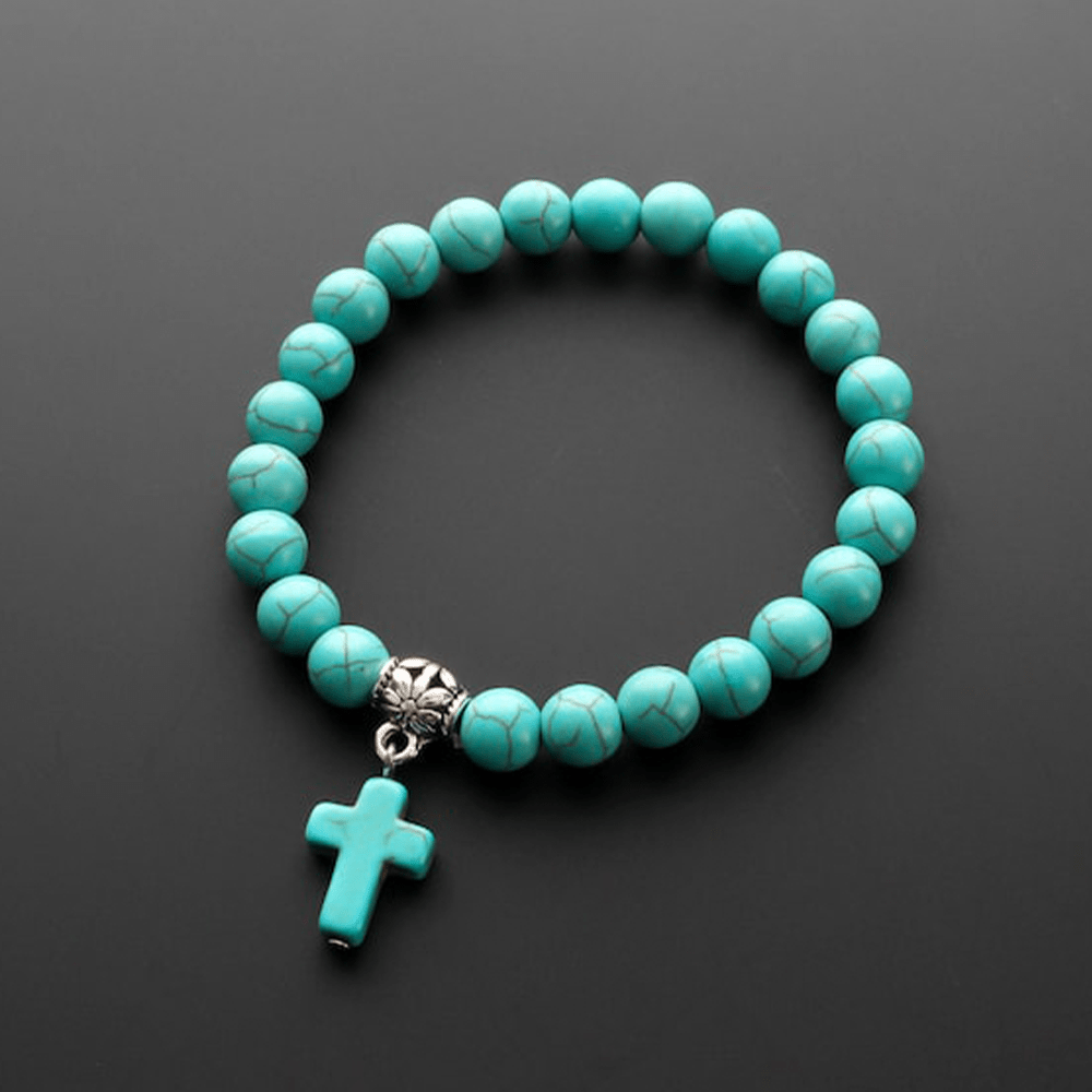 christiandiscipleshop Matte Frosted Turquoise Beads Crucifix Bracelet