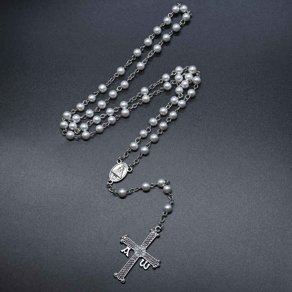 Christiandiscipleshop San Juan del Valle Medal & Cross of 6 mm Round White Glass Alloy Chain Rosary