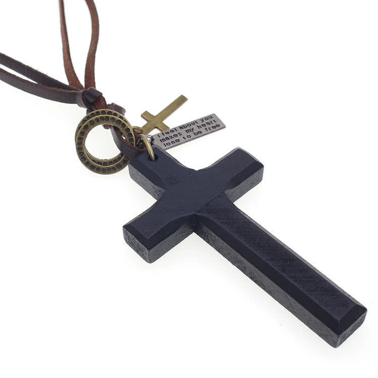 christiandiscipleshop Vintage Wood Cross Adjustable Leather Necklace