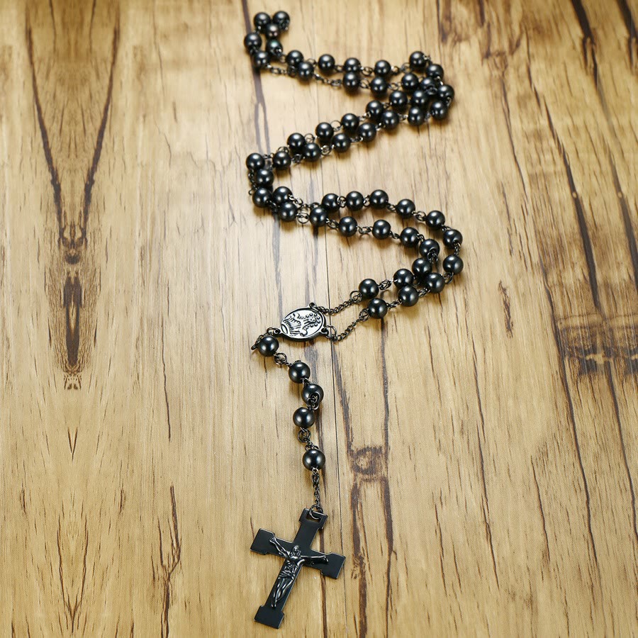 Christiandiscipleshop Our Lady of Grace & Crucifix of 8 mm Round Black Steel Ball Alloy Chain Rosary