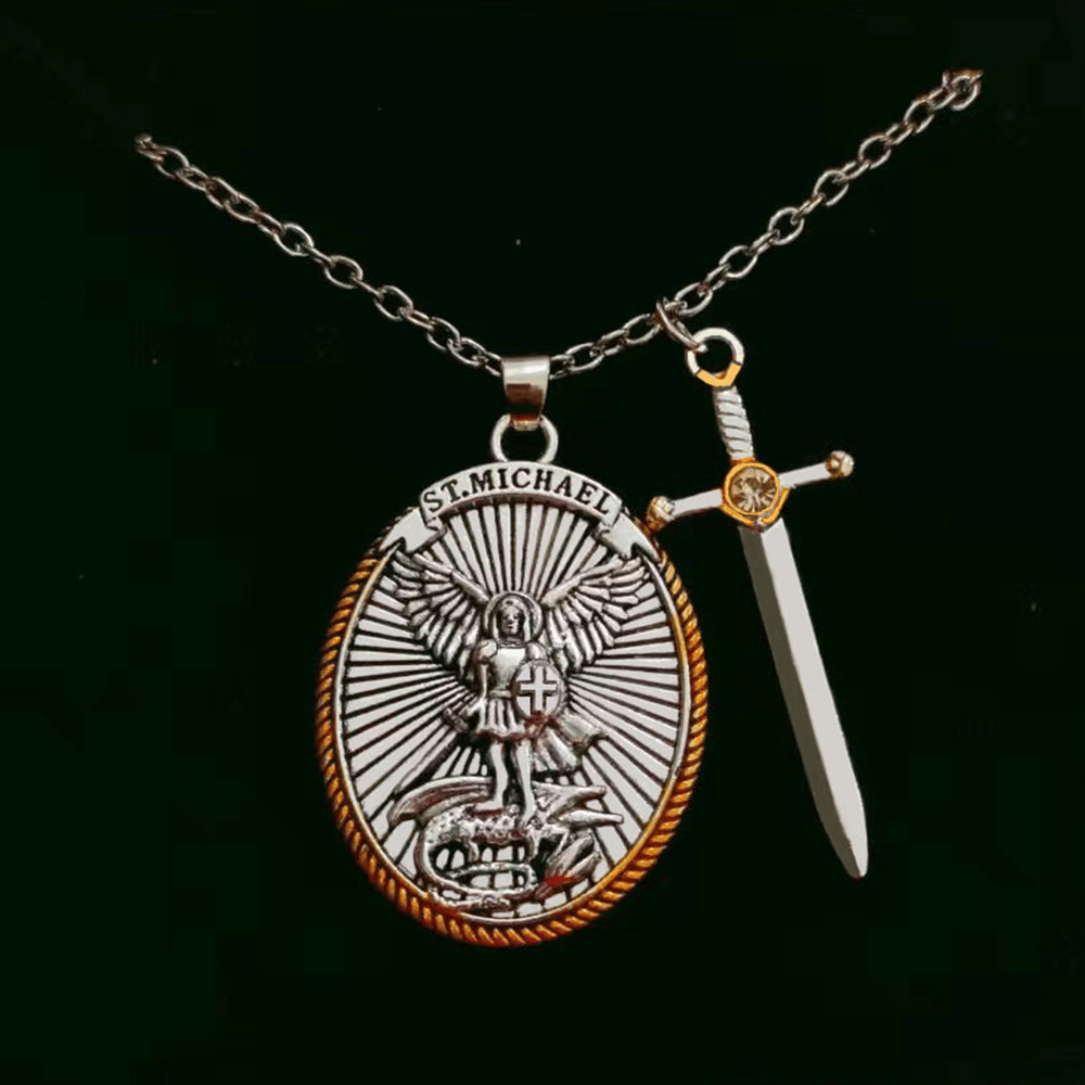 christiandiscipleshop Two Tone Sword & Oval Shield St. Michael Pendant Necklace