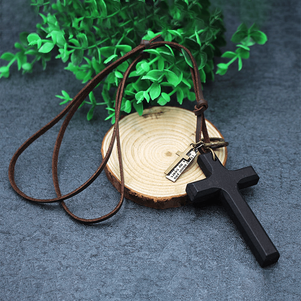 christiandiscipleshop Vintage Wood Cross Adjustable Leather Necklace