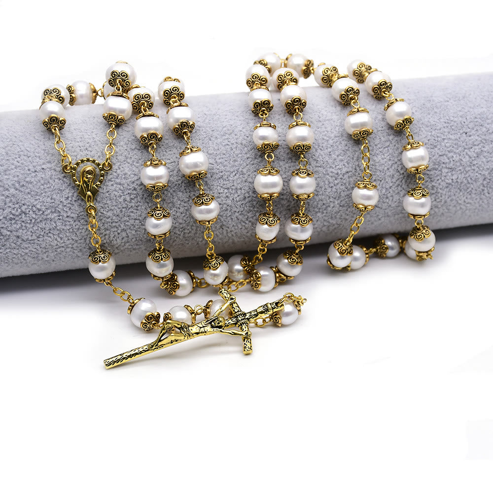 Christiandiscipleshop Our Lady of Grace & Crucifix of 8*9 mm Round White Pearl Alloy Chain Rosary
