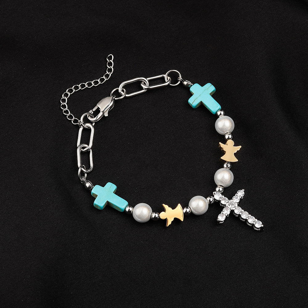 christiandiscipleshop Hand-Crafted Turquoise Zircon Cross Titanium Bracelet/Necklace