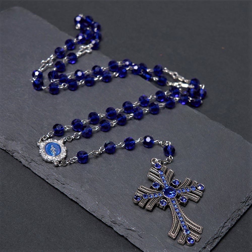 christiandiscipleshop Miraculous Medal & Cross of 8 mm Polyhedron Blue Crystal Alloy Chain Rosary