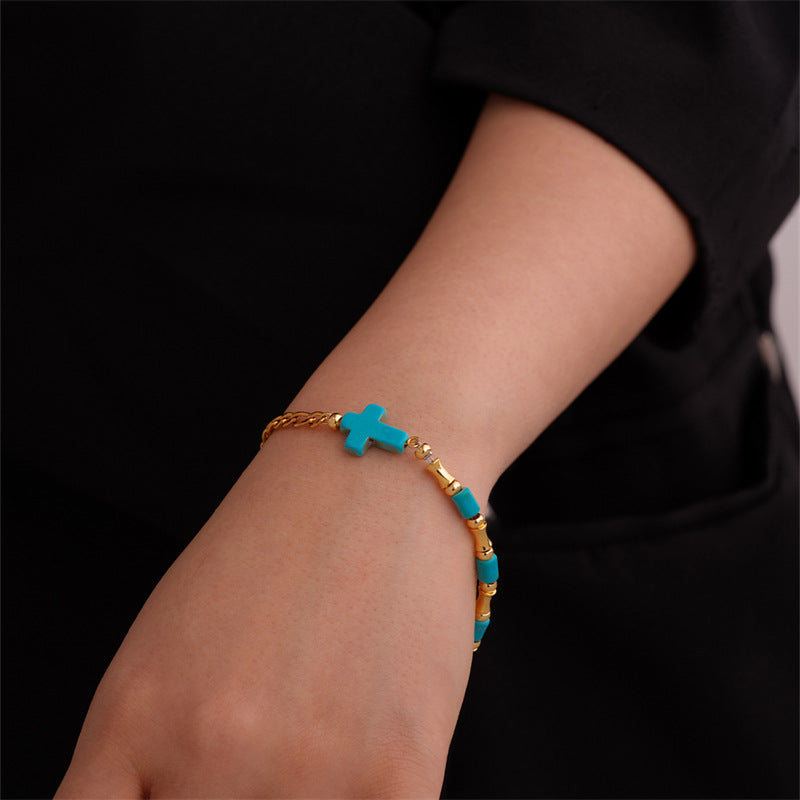 Christiandiscipleshop Niche Turquoise Cross Golden Chain Bracelet