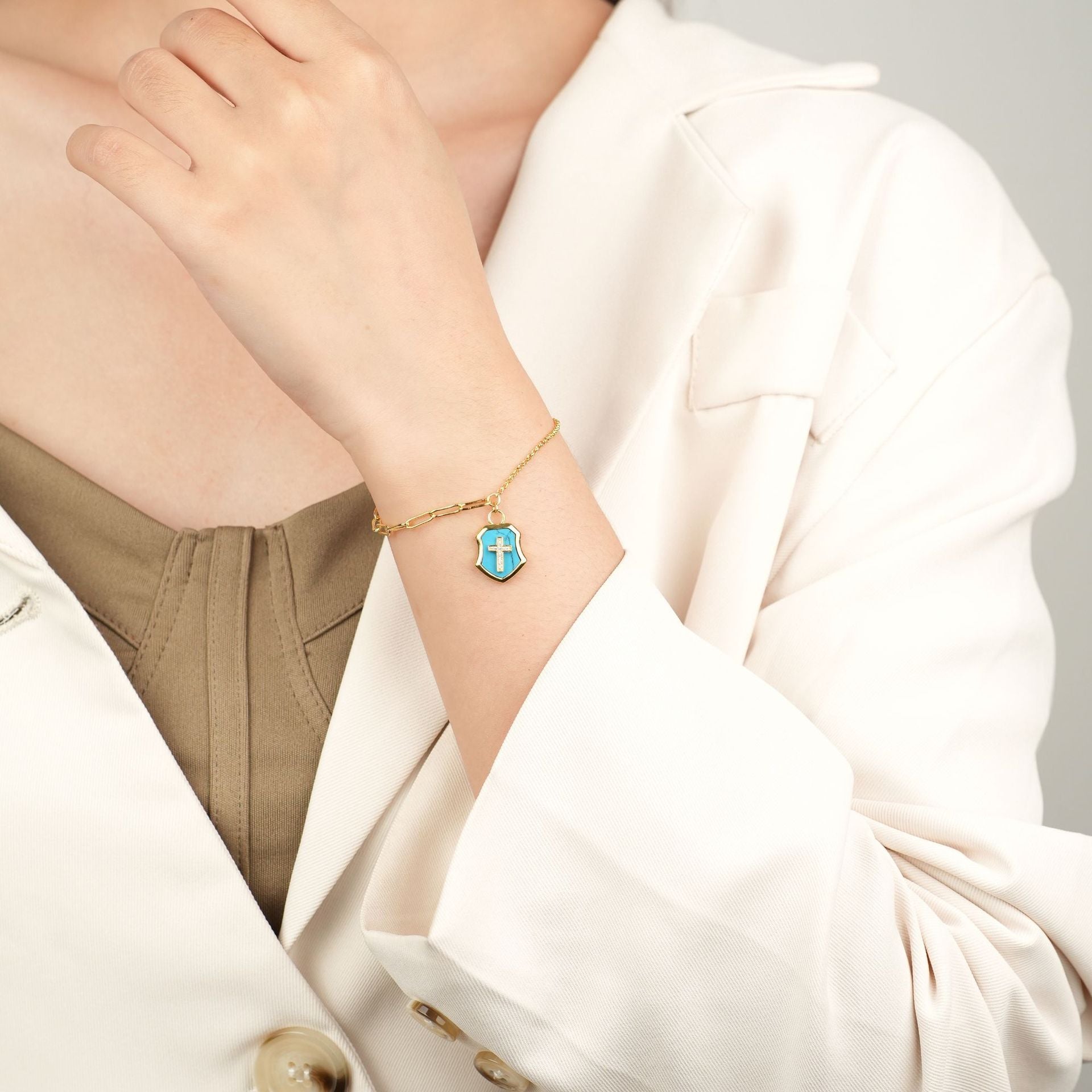 christiandiscipleshop Turquoise Cross Shield Blessing Bracelet with Zircon Stones