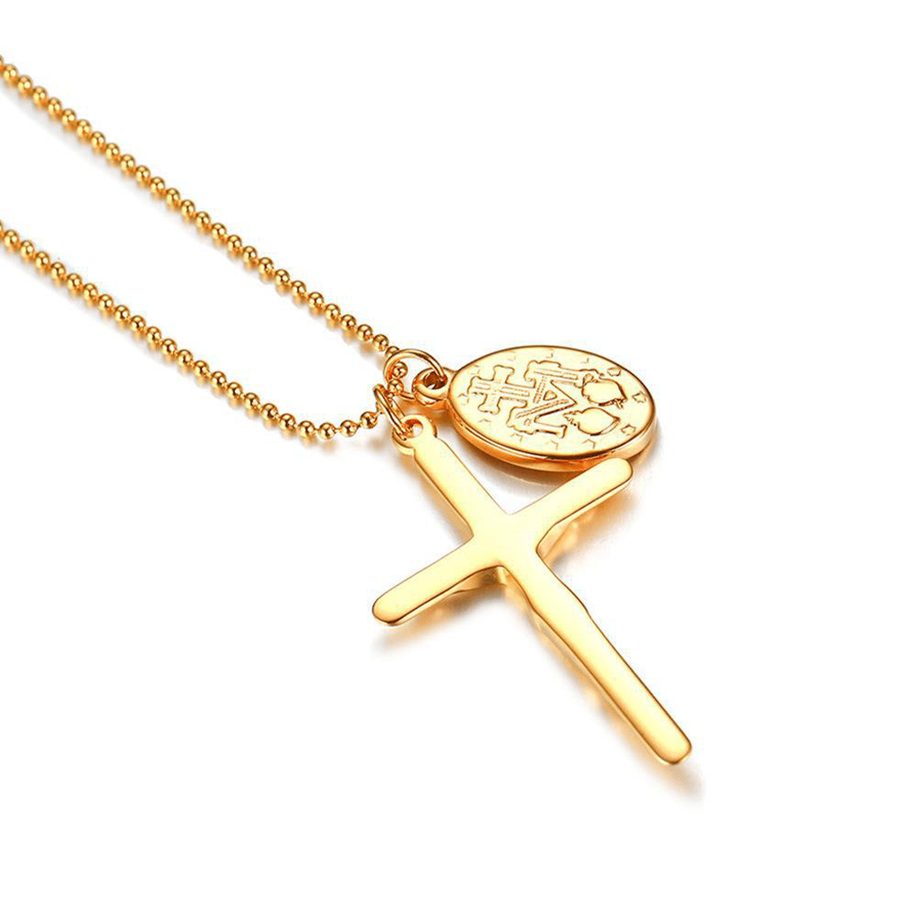 christiandiscipleshop Virgin Mary Medallion Crucifix Titanium Necklace