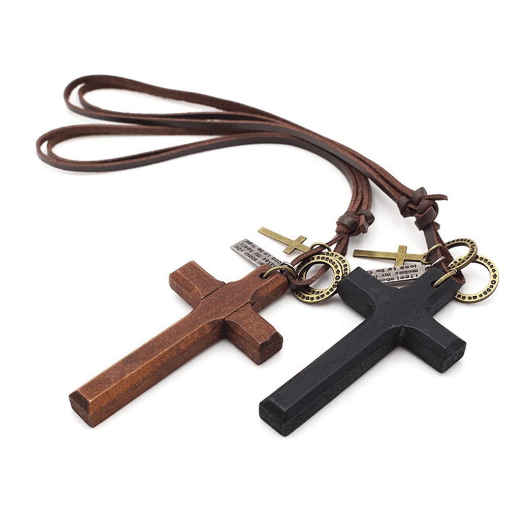 christiandiscipleshop Vintage Wood Cross Adjustable Leather Necklace