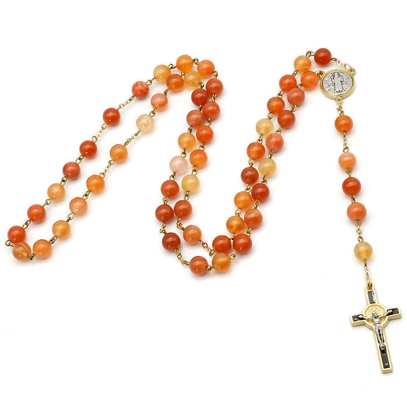 Christiandiscipleshop Natural Agate Rosary with St. Benedict & Crucifix