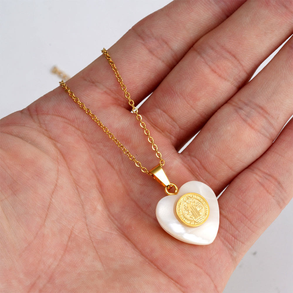 Christiandiscipleshop St. Benedict Medal Heart Shell Necklace