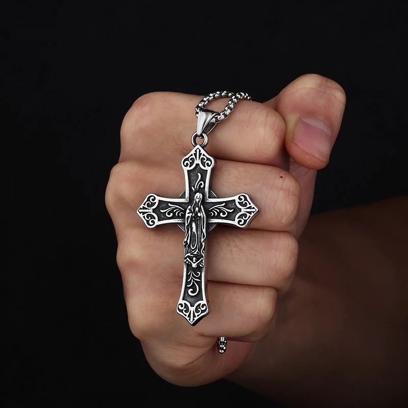 Christiandiscipleshop Retro Titanium Virgin Mary Cross Pendant Necklace