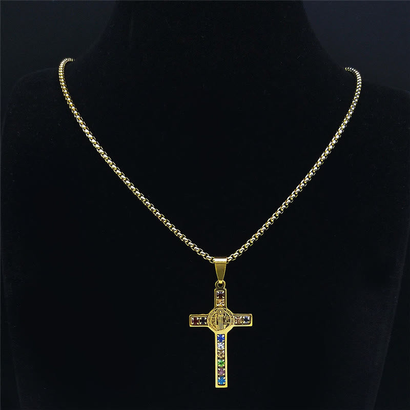 Christiandiscipleshop Saint Benedict Cross Mix Bible 12 Crystal Necklace