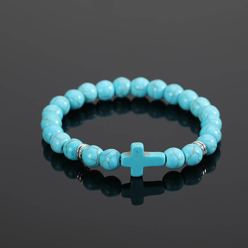 christiandiscipleshop Turquoise Round Bead Cross String Bracelet Jewelry