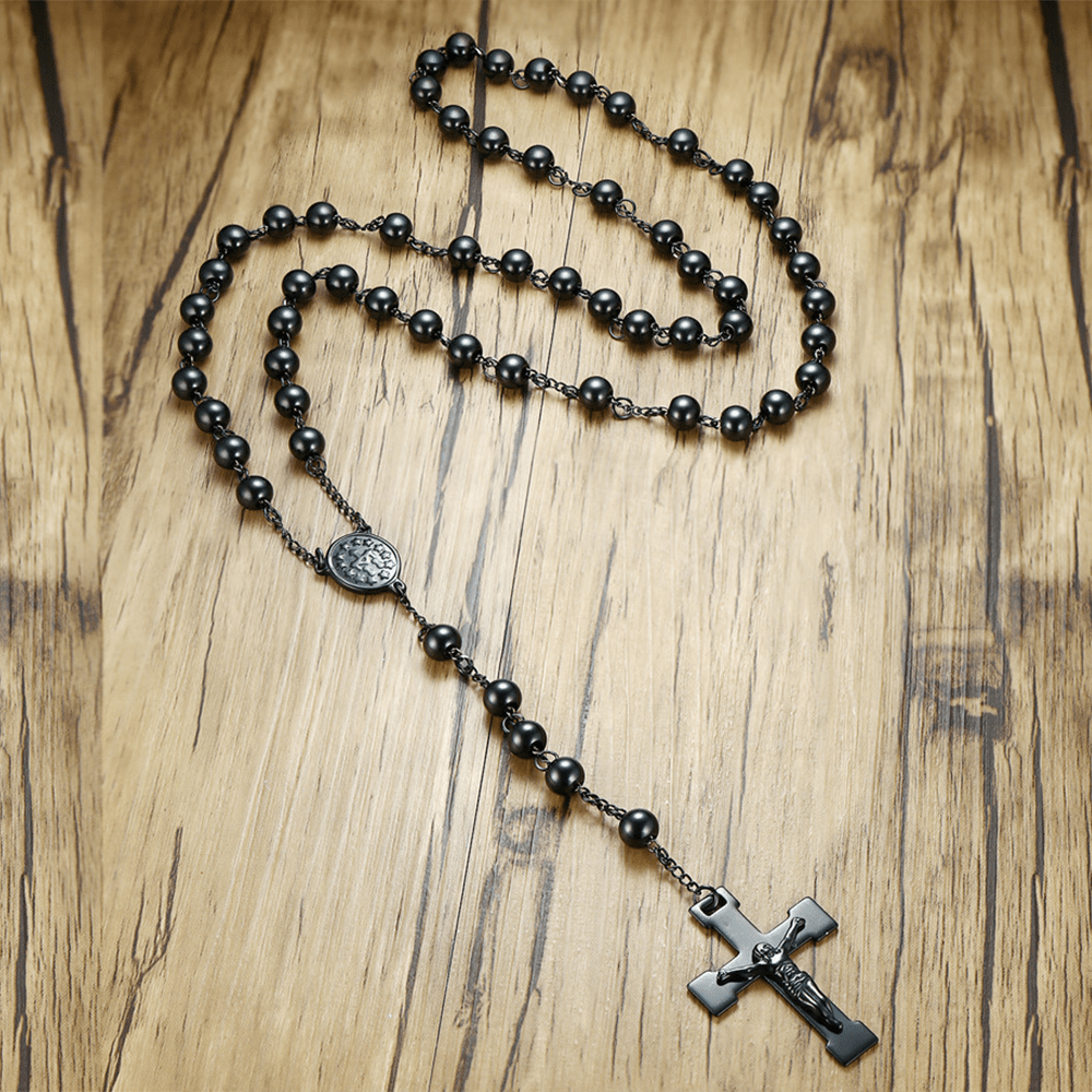 Christiandiscipleshop Our Lady of Grace & Crucifix of 8 mm Round Black Steel Ball Alloy Chain Rosary
