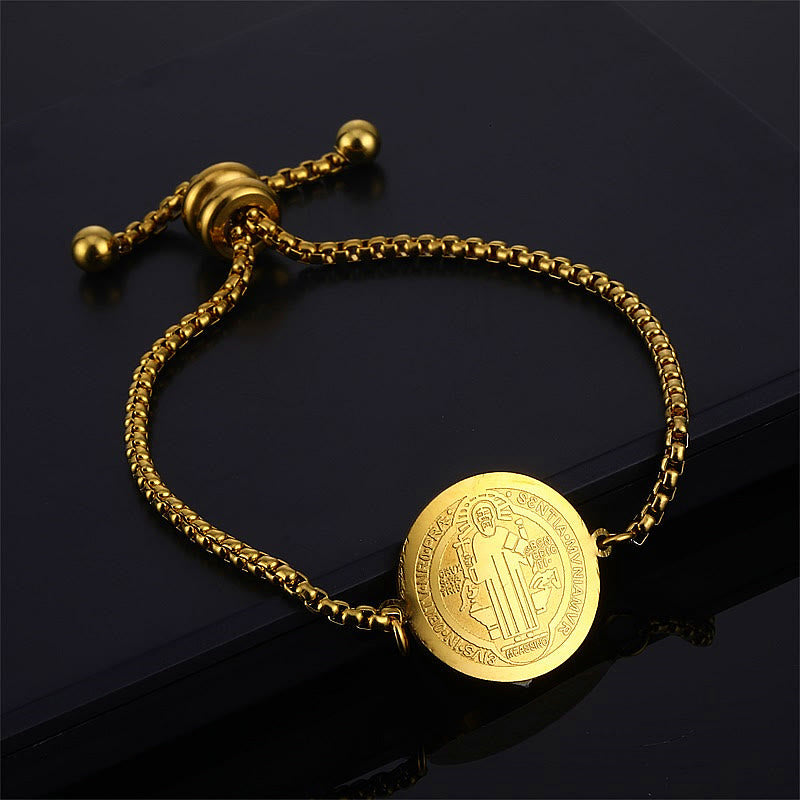 Christiandiscipleshop St. Benedict Engraved Medal  Adjustable Bracelet