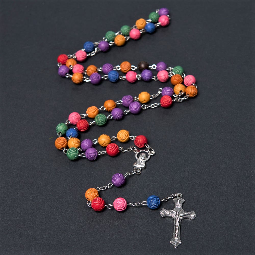 Christiandiscipleshop Our Lady of Guadalupe & Crucifix of 8 mm Rose Multicolor Resin Alloy Chain Rosary