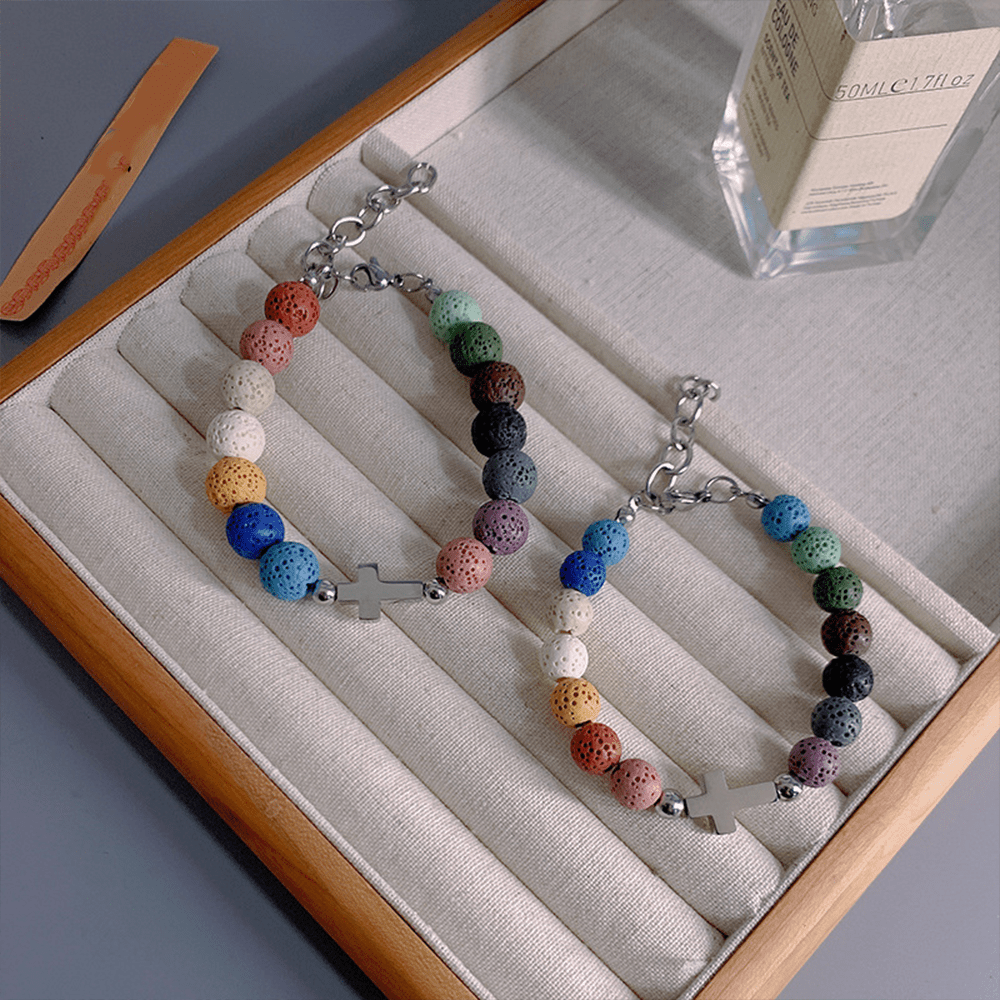 Christianartworkshop Minimalist Style Colored Volcanic Stone Beads Cross Bracelet