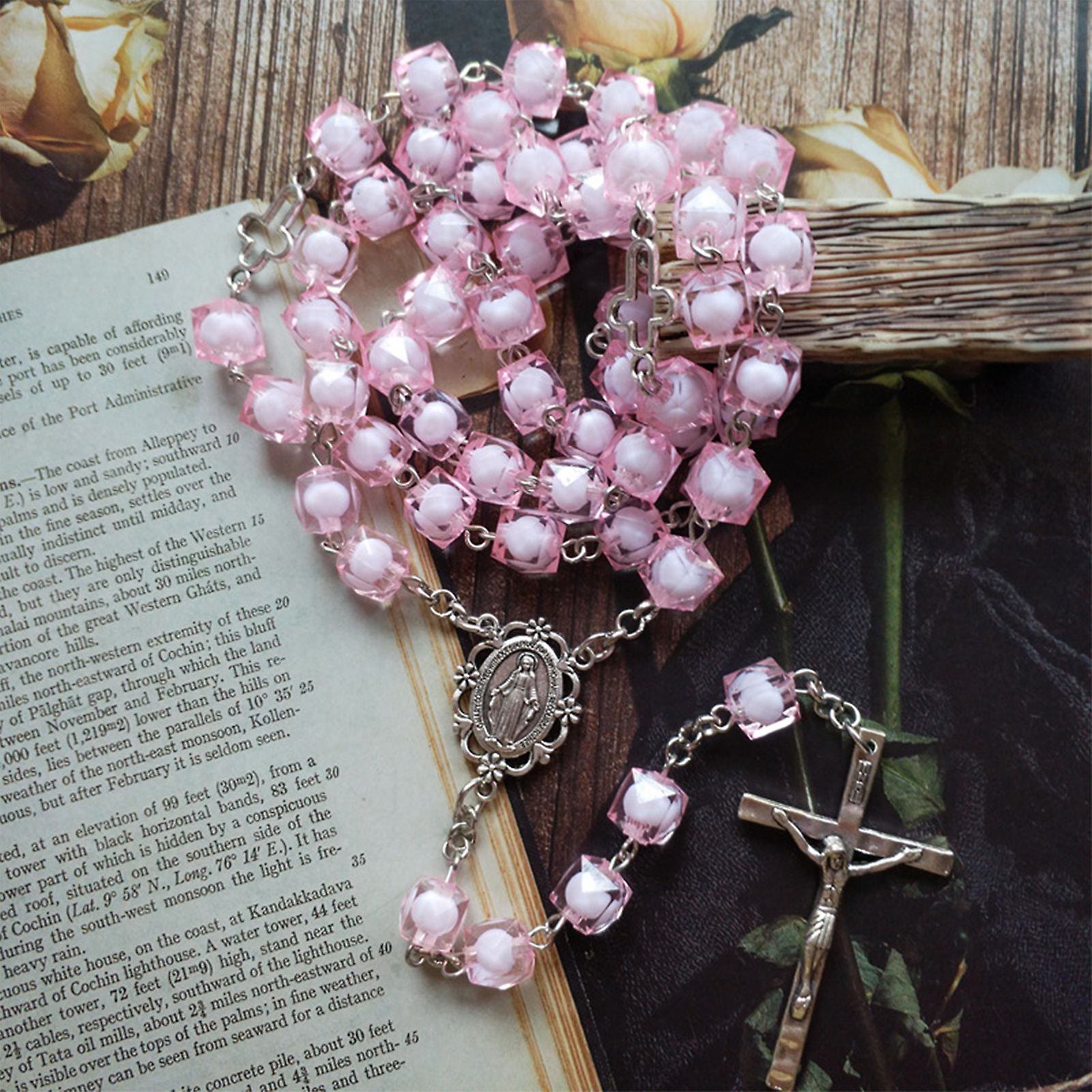 christiandiscipleshop Miraculous Medal & Crucifix of 8 mm Square Pink Acrylic Alloy Chain Rosary