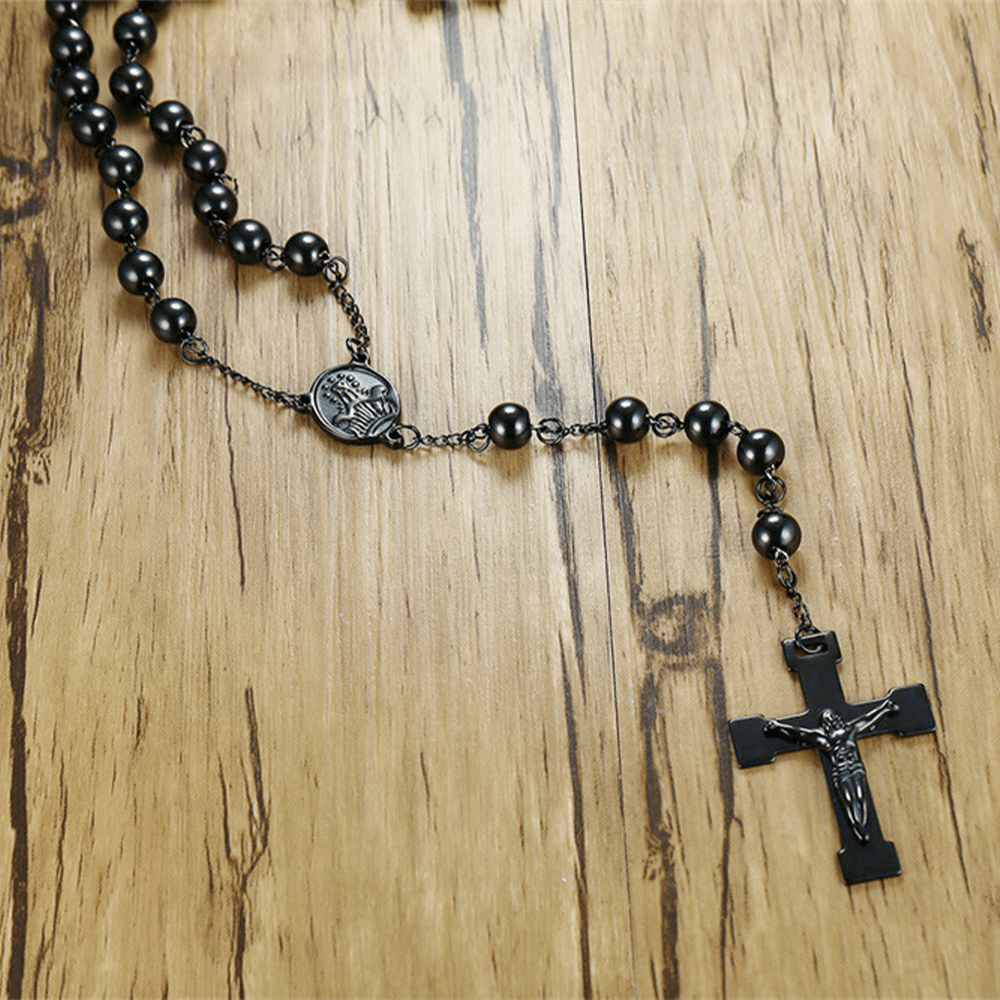 Christiandiscipleshop Our Lady of Grace & Crucifix of 8 mm Round Black Steel Ball Alloy Chain Rosary