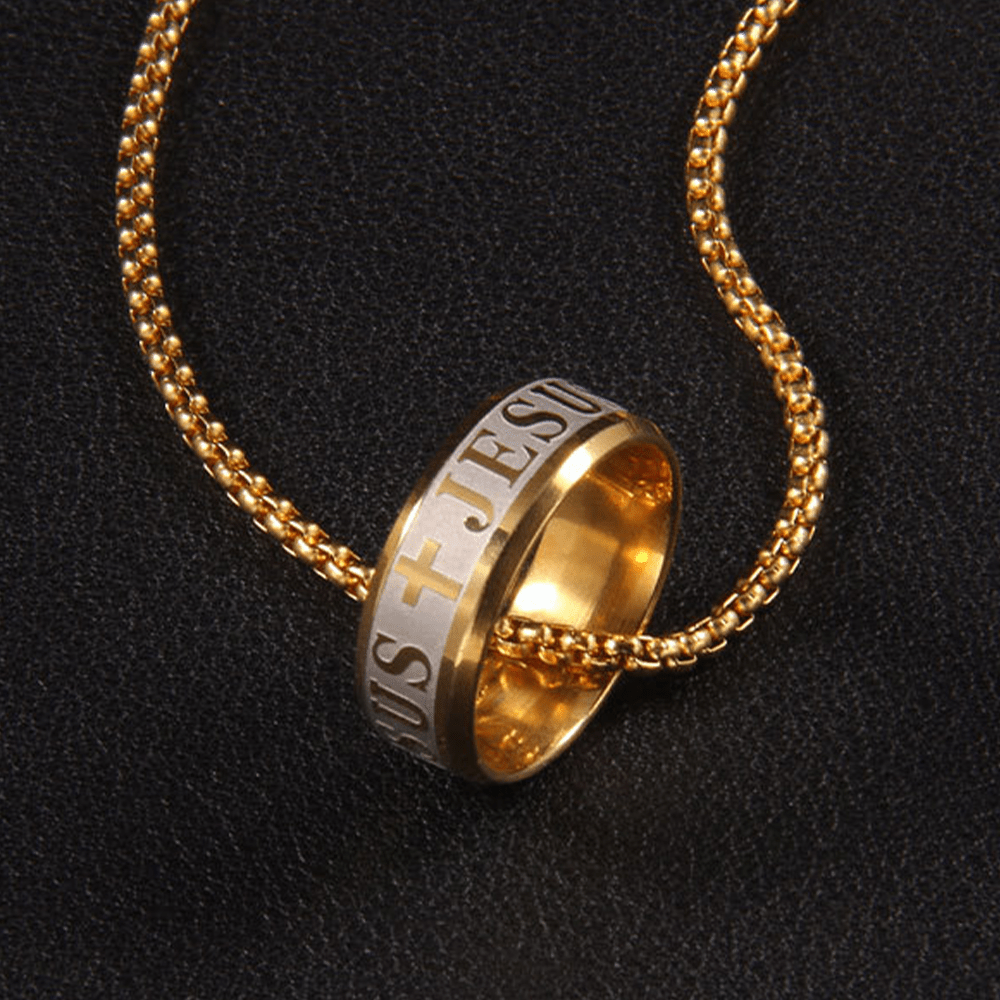 Christiandiscipleshop Combination Style Laser Engraving "JESUS" Ring & Chain Necklace
